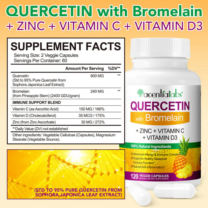 QUERCETIN with Bromelain,+ ZINC + VITAMIN C+ VITAMIN D3,120 VEGGIE CAPSULES Bottled Capsules