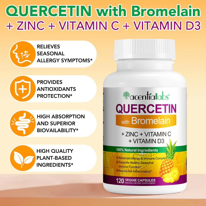 QUERCETIN with Bromelain,+ ZINC + VITAMIN C+ VITAMIN D3,120 VEGGIE CAPSULES Bottled Capsules