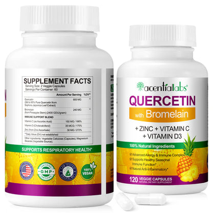 QUERCETIN with Bromelain,+ ZINC + VITAMIN C+ VITAMIN D3,120 VEGGIE CAPSULES Bottled Capsules