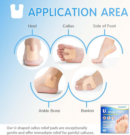 U-Shaped Felt Callus Pads(Pack of 48), Protect Calluses from Rubbing on Shoes