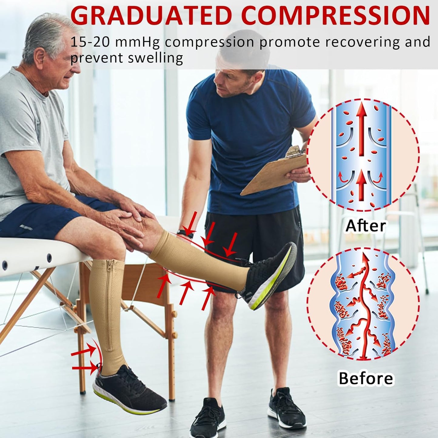 Ailaka Medical Zipper Compression Socks, 15-20 mmHg Knee High Open Toe Compression Socks for Men Women, Support Socks for Varicose Veins, Edema