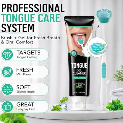Tongue Cleaner Kit with Soft Silicone Tongue Scraper Brush & Fresh Mint Gel