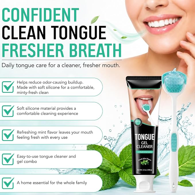 Tongue Cleaner Kit with Soft Silicone Tongue Scraper Brush & Fresh Mint Gel