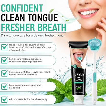 Tongue Cleaner Kit with Soft Silicone Tongue Scraper Brush & Fresh Mint Gel