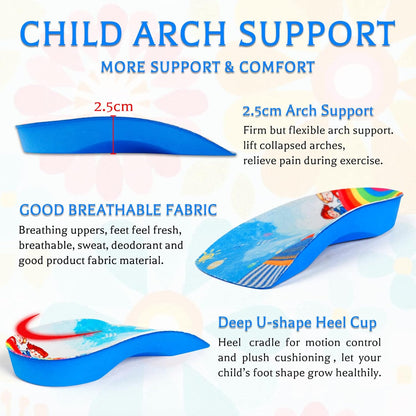 3/4 Length Kids Orthotic Cushioning Arch Support Shoe Insoles for Flat feet, Feet Heel Pain Relief Age 4-11)