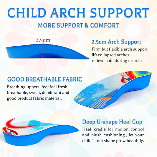 3/4 Length Kids Orthotic Cushioning Arch Support Shoe Insoles for Flat feet, Feet Heel Pain Relief Age 4-11)