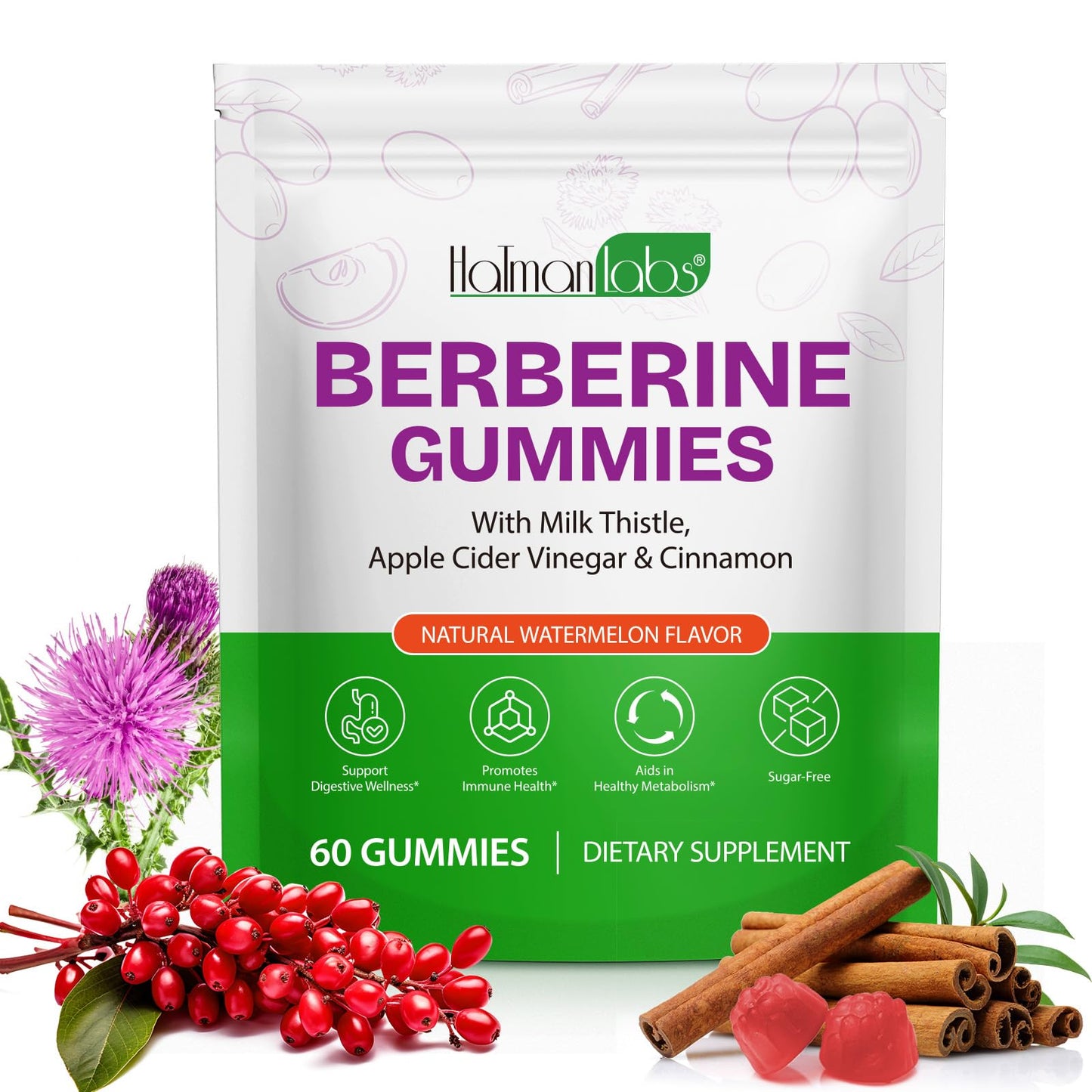 Berberine Gummies with Ceylon Cinnmon, Berberine Supplement for Digestive Health, Immune System, Aid Overall Health & Vitality, 60p