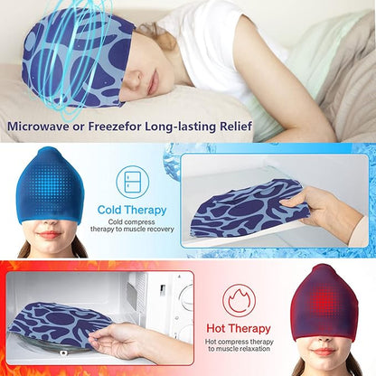 Migraine Relief Cap Ice Pack, Headache Relief Hat Cold anf Hot Therapy, Gel Head Wrap Cold Hot Wrap, for Puffy Eyes, Tension, Sinus and Stress Relief