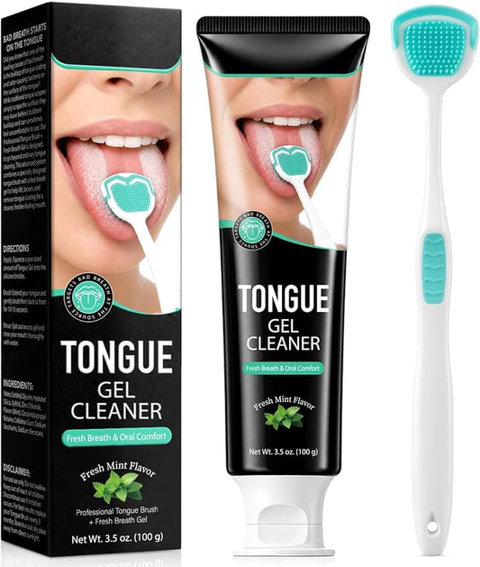 Tongue Cleaner Kit with Soft Silicone Tongue Scraper Brush & Fresh Mint Gel
