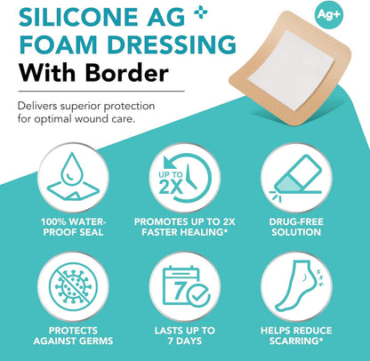 Premium Silicone Foam Dressing 4"x4", Adhesive Waterproof Silicone Bandages with Border, High Absorbent Bed Sore Bandages Wound Care Dressing, 5 Packs