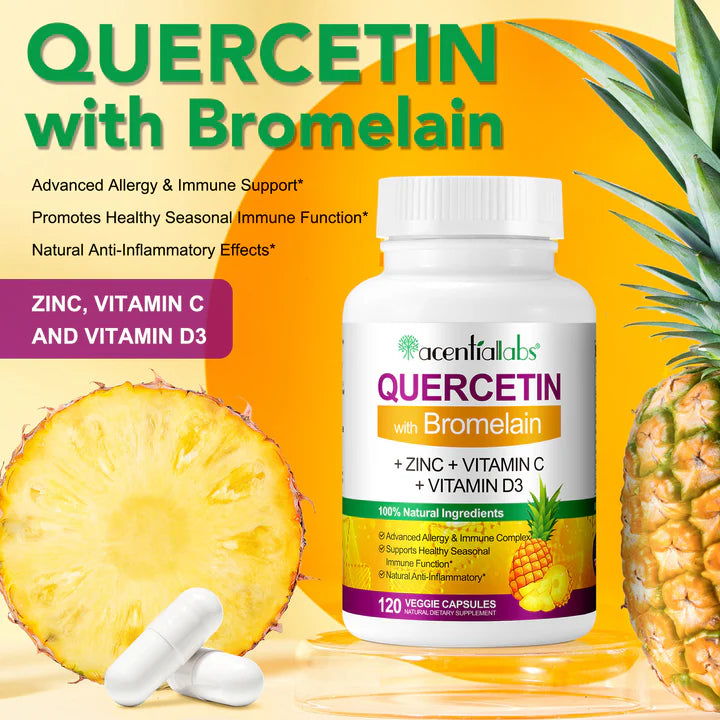 QUERCETIN with Bromelain,+ ZINC + VITAMIN C+ VITAMIN D3,120 VEGGIE CAPSULES Bottled Capsules