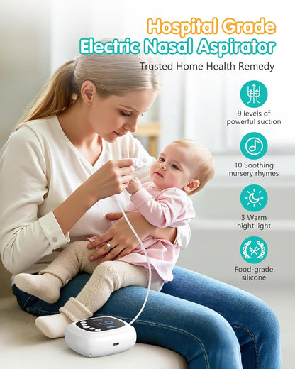 Hospital Grade Baby Nasal Aspirator for Toddler,Baby Nose Cleaner Automatic with 5 Silicone Tips,Adjustable Suction 9 Level,Music and Light Soothing Function