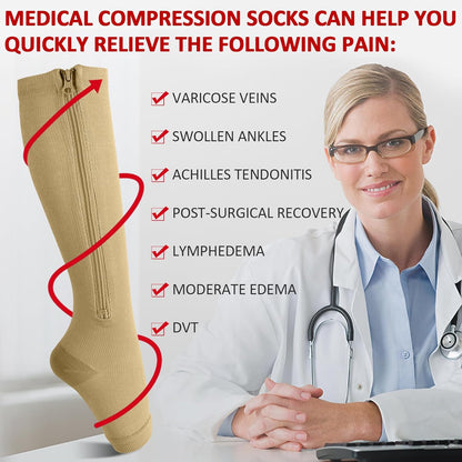 Ailaka Medical Zipper Compression Socks, 15-20 mmHg Knee High Open Toe Compression Socks for Men Women, Support Socks for Varicose Veins, Edema