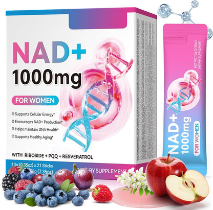 NAD+ Supplement for Women 1000mg - Premium Cellular Energy Booster with Nicotinamide Riboside & Resveratrol, PQQ, Health, Anti-Aging Support NAD Supplements (21pcs)