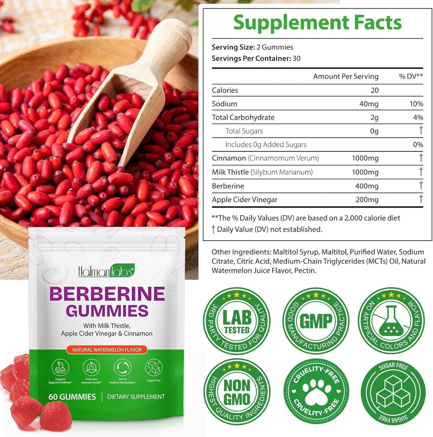 Berberine Gummies with Ceylon Cinnmon, Berberine Supplement for Digestive Health, Immune System, Aid Overall Health & Vitality, 60p