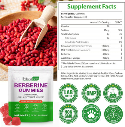Berberine Gummies with Ceylon Cinnmon, Berberine Supplement for Digestive Health, Immune System, Aid Overall Health & Vitality, 60p