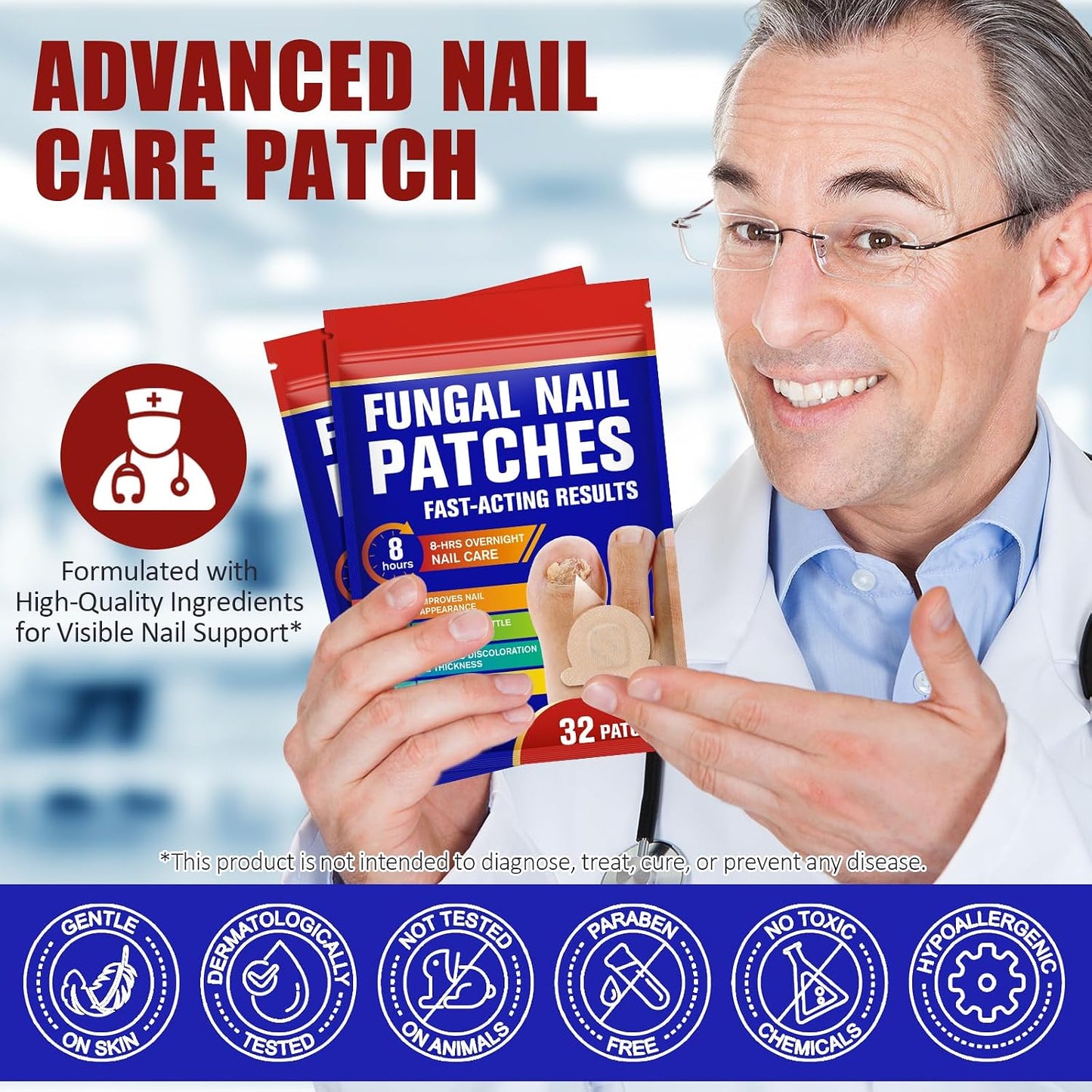 Hydrogel Fungal Nail Treatment 32 Pcs, 8-Hour Overnight Fast Acting Repair for Damaged Discolored Toenails