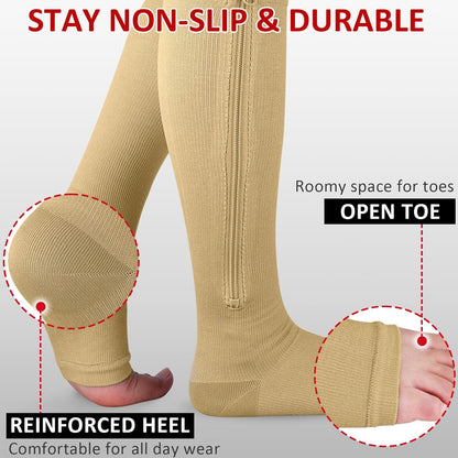 Ailaka Medical Zipper Compression Socks, 15-20 mmHg Knee High Open Toe Compression Socks for Men Women, Support Socks for Varicose Veins, Edema