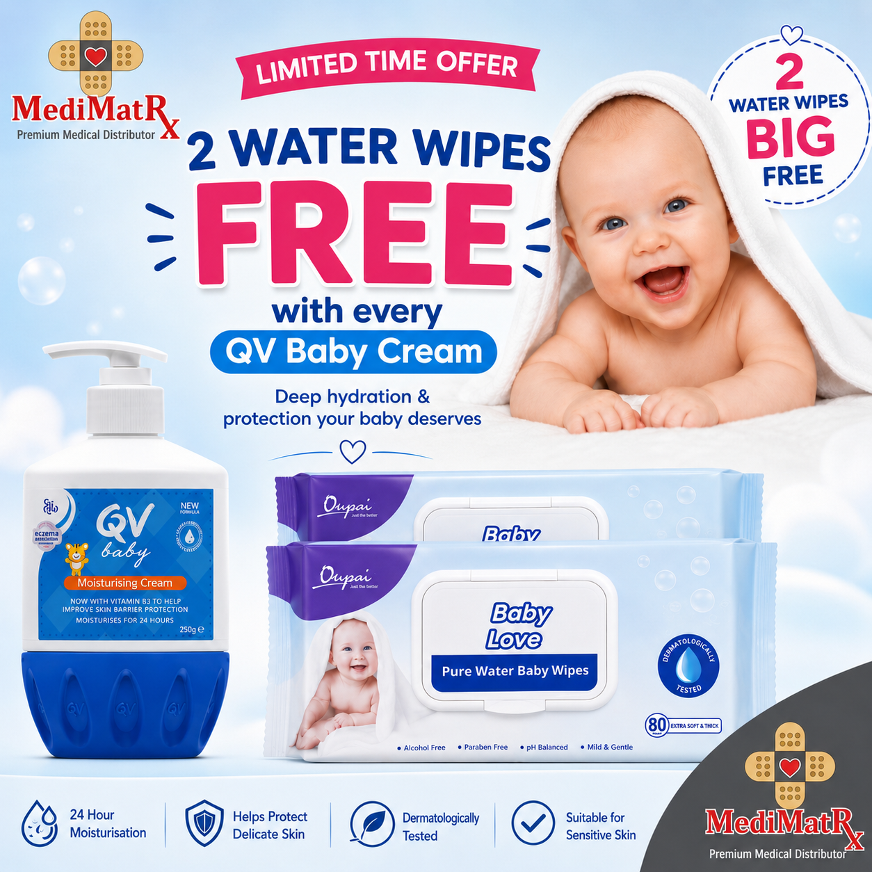 QV Baby Moisturising Cream 250G + 2 FREE Baby Love Water Wipes