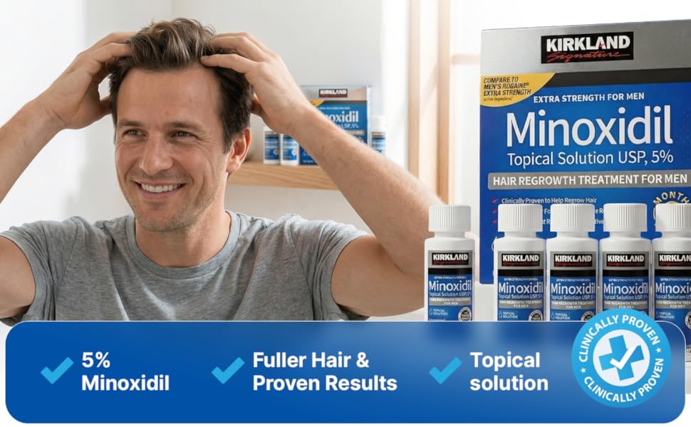 Kirkland Signature Minoxidil Topical Solution USP 5%, Extra Strength Hair Regrowth Treatment For Men, 6 Months Supply