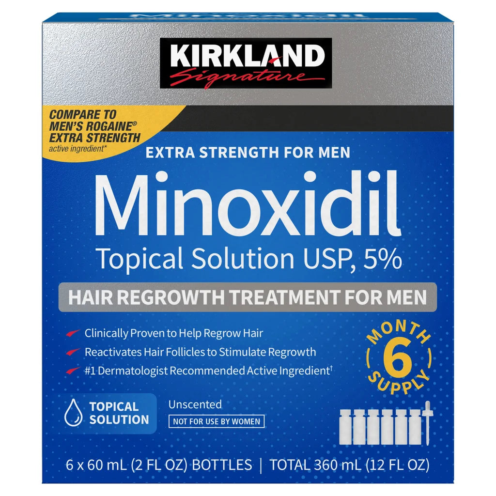 Kirkland Signature Minoxidil Topical Solution USP 5%, Extra Strength Hair Regrowth Treatment For Men, 6 Months Supply
