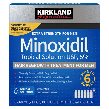 Kirkland Signature Minoxidil Topical Solution USP 5%, Extra Strength Hair Regrowth Treatment For Men, 6 Months Supply